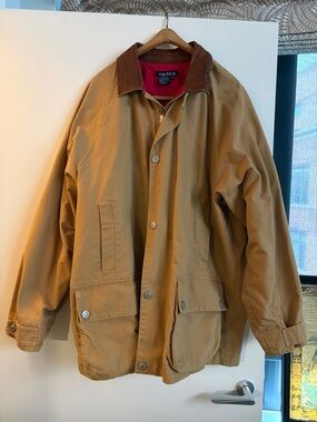 Nautica Men's Tan Field Jacket with Brown Leather Collar XL